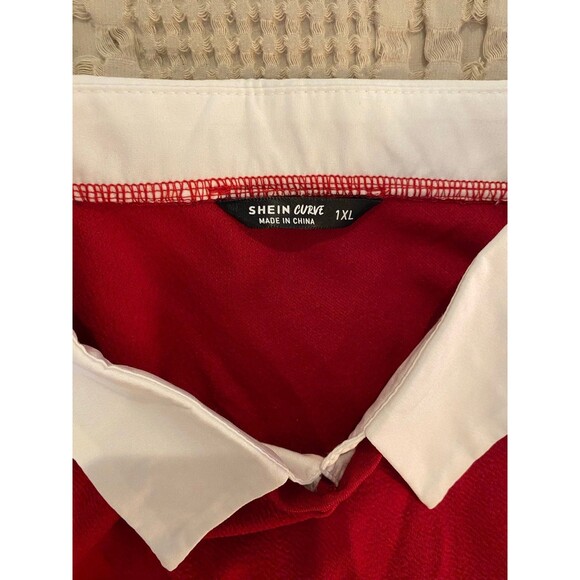 Shein  Blouse Plus Size XL Pullover Top  Red & White Collared Shirt Layered - Picture 4 of 6
